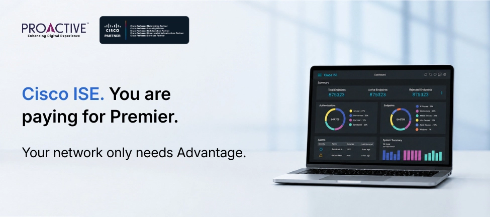 laptop with charts and graphs alongside text discussing Cisco ISE Premier